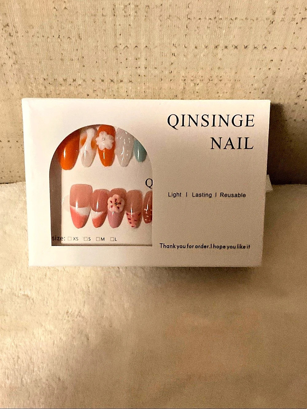 QINSINGE Nail Press-On Set Floral Orange & Pink